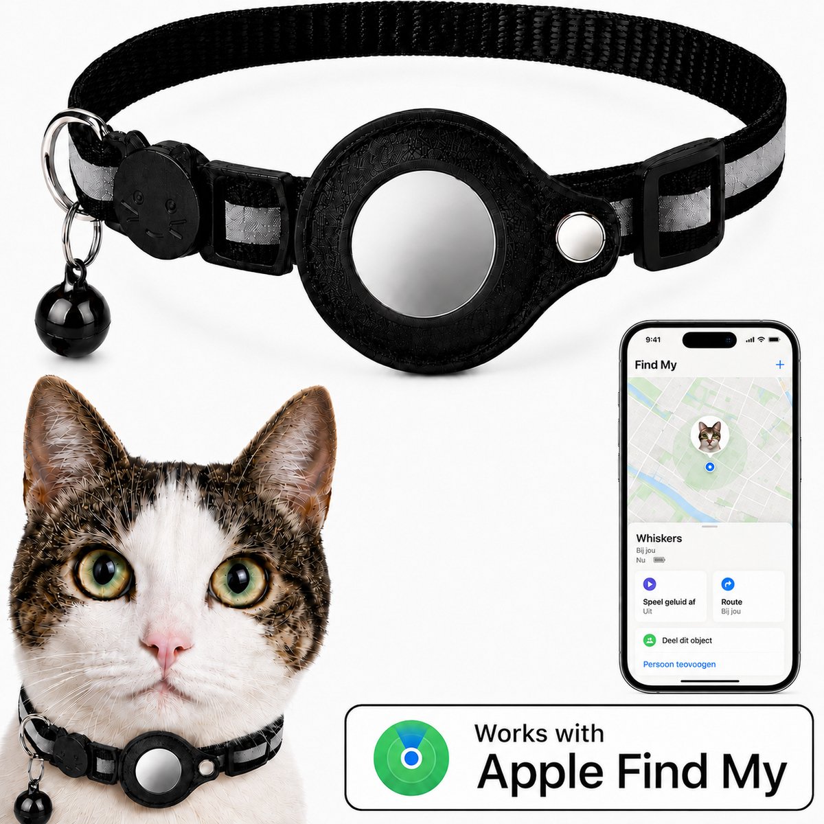 BlueTime ® - Kattenhalsband inclusief Tag - Halsband Kat & Kitten met Kattenbelletje - Gps Tracker Kat zonder Abonnement - Geschikt voor Apple Find My - Kattenbandje, Poes, Kattenriem air & Tuigje met Houder - Zwart