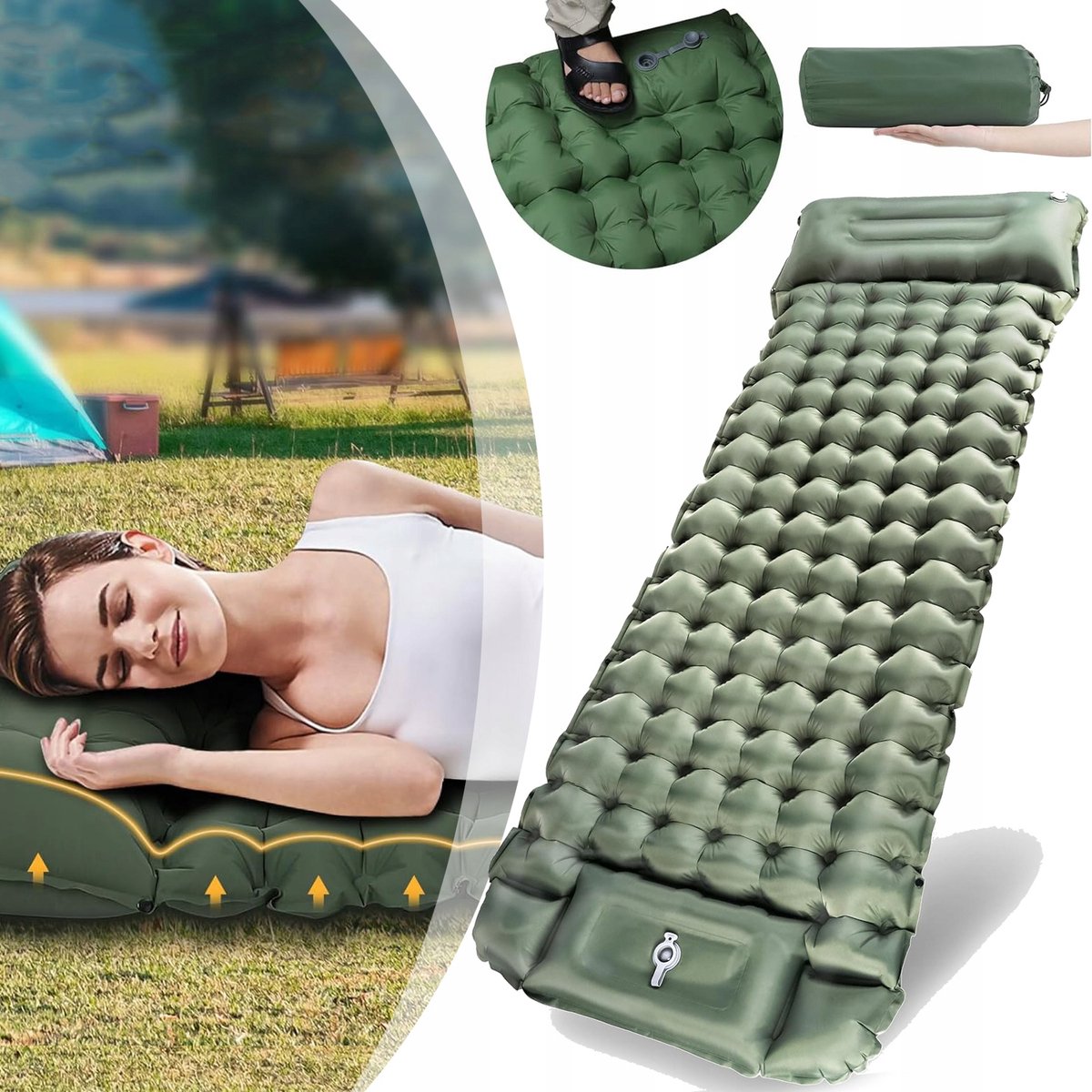 Opblaasbaar Slaapmatje - Geen Luchtpomp Nodig - 40D Nylon TPU - Eiergroefontwerp - Dubbellaags Ventiel - Draagbaar Campingluchtmatras - 200x70x10cm - Donkergroen