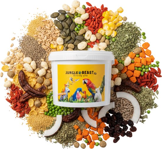 Witte emmer Jungle Beast papegaaienvoeding met diverse zaden, fruit en groenten.
