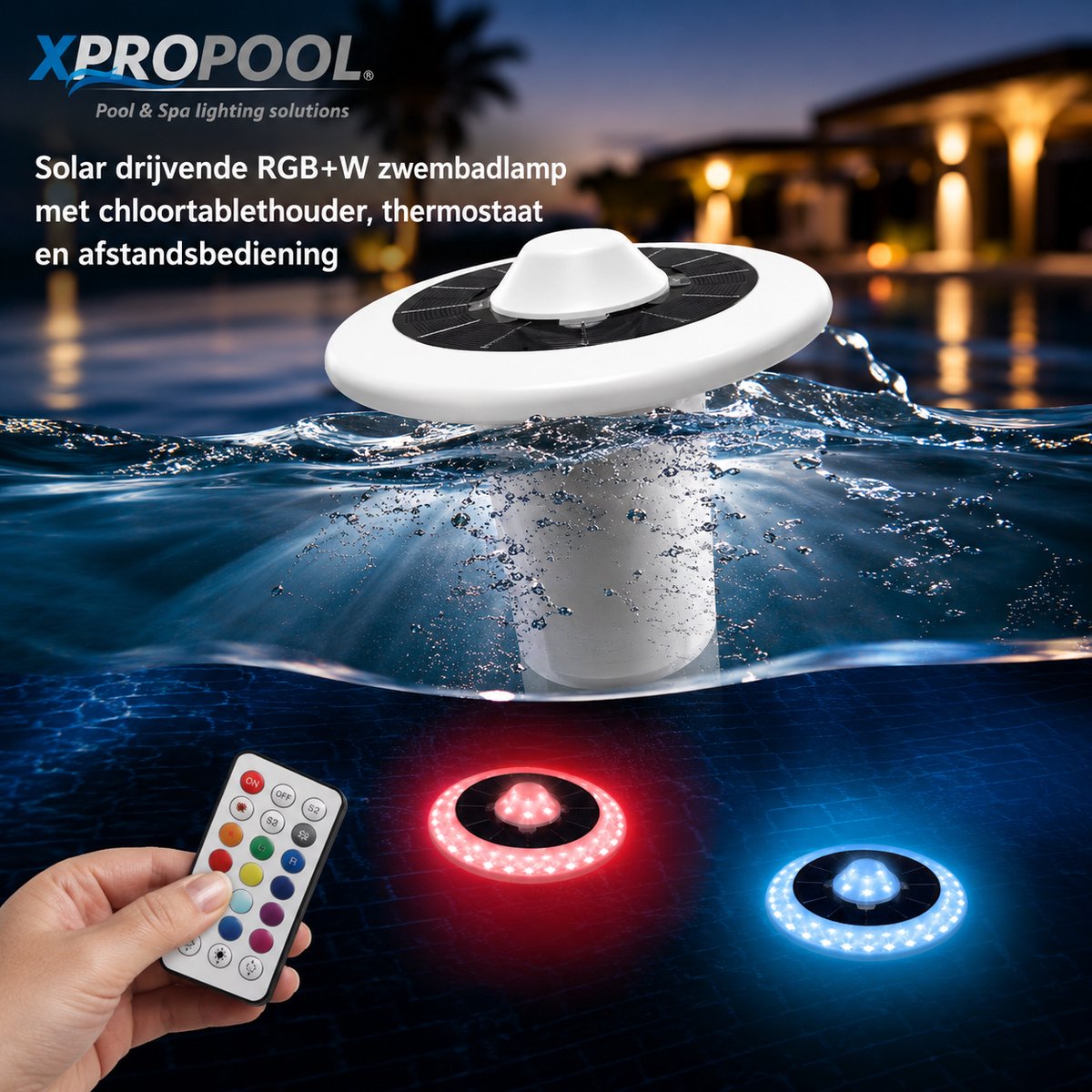 XPRO POOL | Solar drijvende RGB+W zwembadlamp met chloortablethouder en afstandsbediening - thermostaat