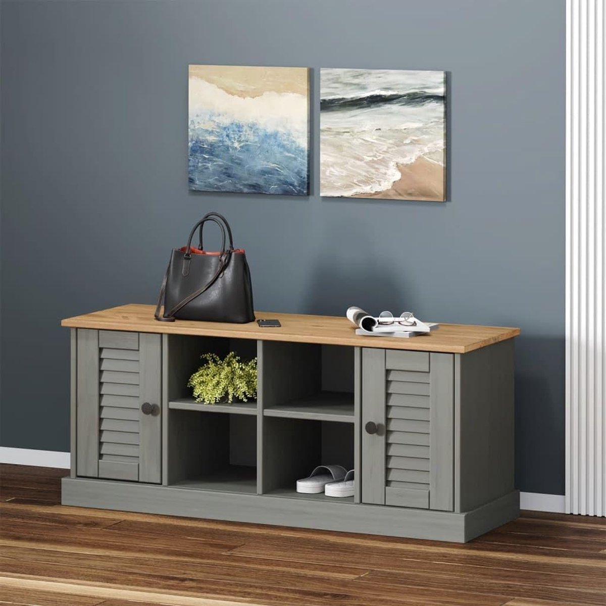 Schoenenkast met 4 Open Vakken en 2 Deuren – 35 x 35 x 45 cm – Massief Grenenhout – Grijs – Mobili Bella
