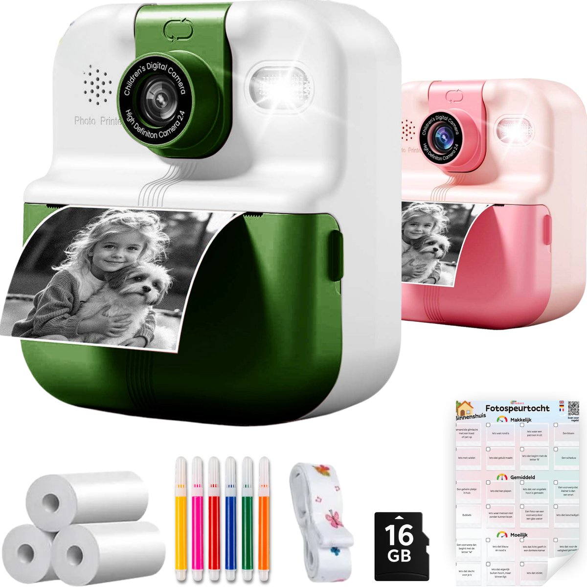 Kindercamera met Fotoprinter & Fotospeurtocht – Digitale Camera Kinderen – 11-in-1 Camera – Oplaadbaar - 48MP - Foto printer - Groen - Fototoestel voor kinderen - Instant Print Camera Kinderen