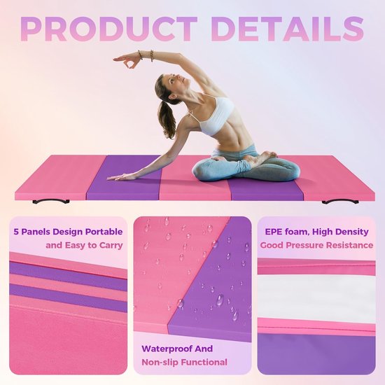 Opvouwbare leren gymnastiekmat, 180x60x5cm (4 panelen), draagbare oefenmat met handgrepen voor yoga, fitness en training voor kinderen en volwassenen. — afbeelding 5