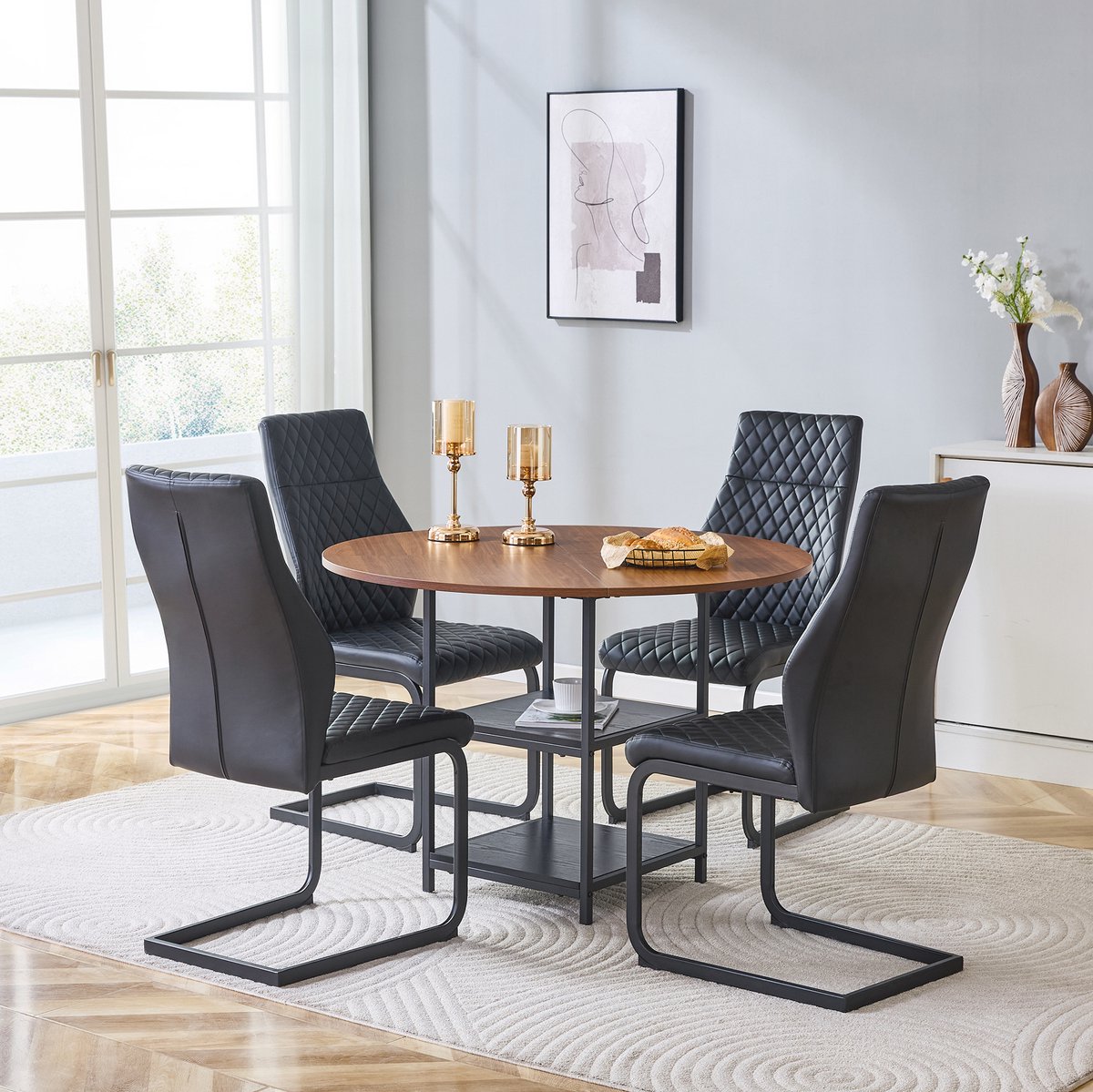 HAUSS SPOLE Set Tafel En Stoelen - Ronde Eettafel Met 4 Stoelen - Dubbele Opbergruimte En Ergonomisch Comfort - Voor Eethoek En Keuken - Hout Metaal Zwart Walnoot
