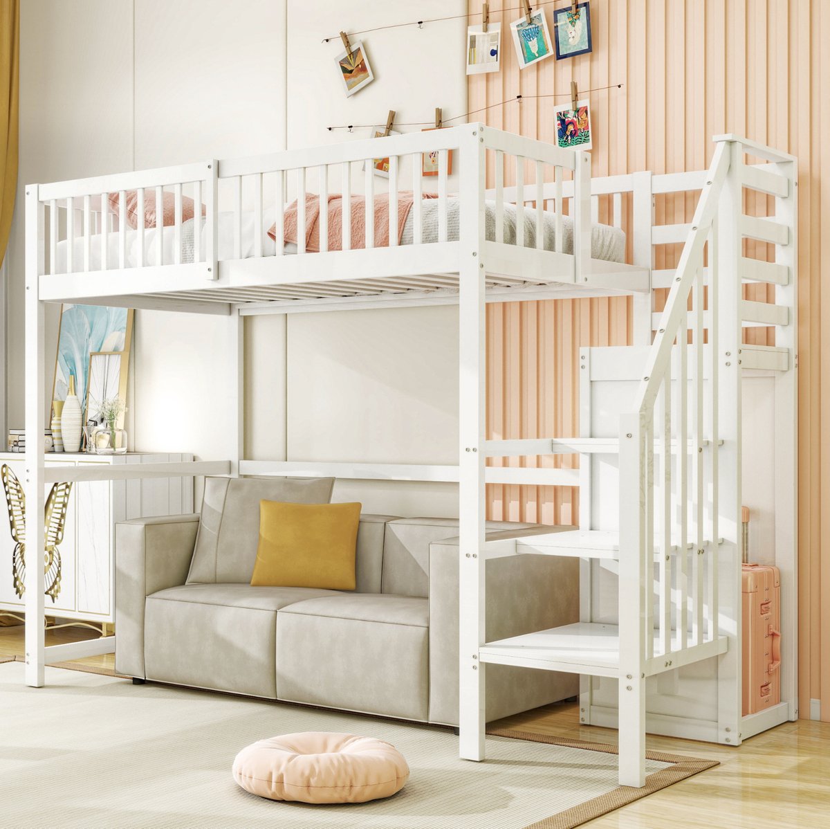 MEUNIQ Hoogslaper 90x200 cm met trap, kledingkast en opbergrek, houten kinderbed met 15 lattenbodems, veiligheidsreling, wit, voor kinderkamer