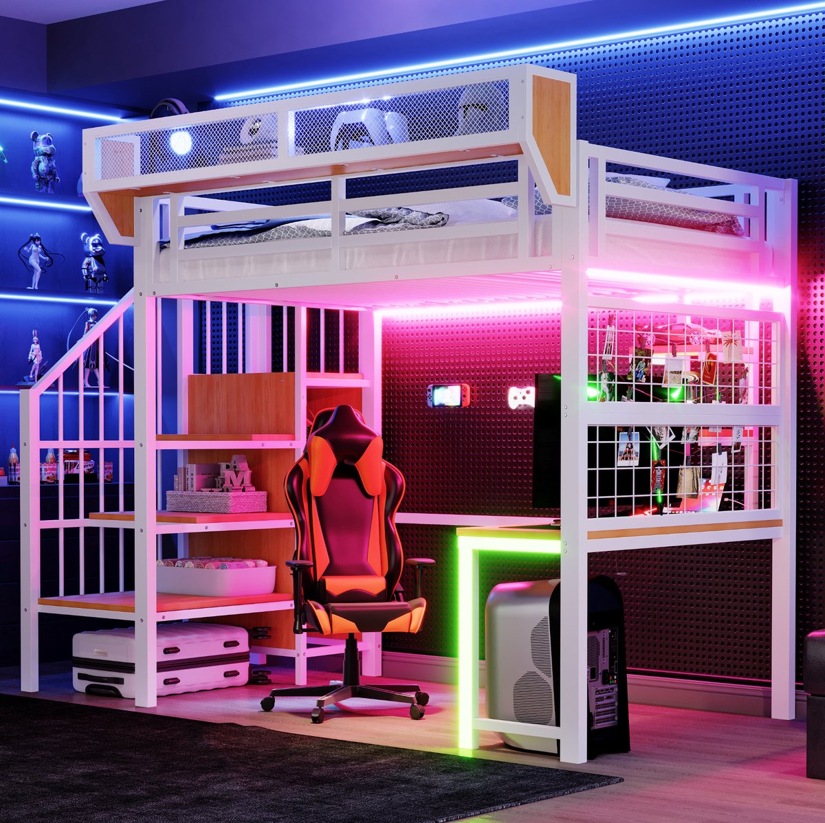 MEUNIQ hoogslaper 90 x 200 cm met bureau, open planken, opbergnetten, veiligheidsladder, LED-verlichting en stopcontact, eenpersoons bed voor slaapkamer, wit