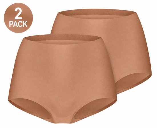Twee huidkleurige naadloze high-waist slips met een '2 PACK' aanduiding. Witte achtergrond.