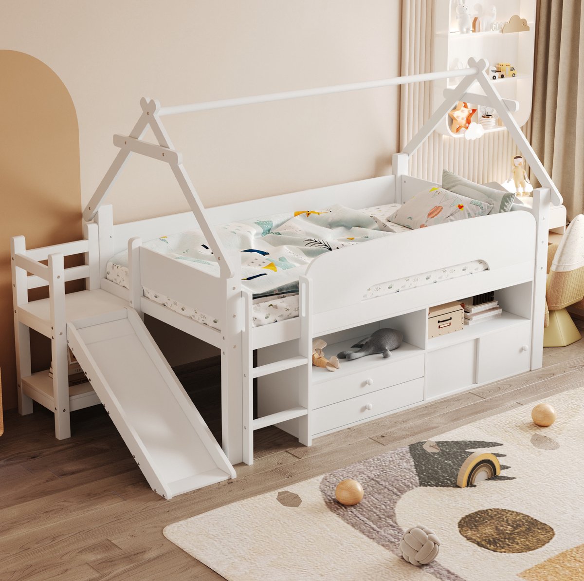 MEUNIQ Hoogslaper kinderbed 90 x 200 cm met glijbaan, veiligheidshekje en opbergruimte onder het bed voor de kinderkamer, wit White