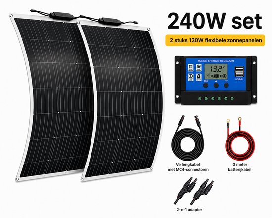 240W set met twee flexibele 120W zonnepanelen, laadregelaar, kabels en adapter.