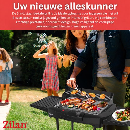 Zilan Staande Elektrische Barbecue - 2400W BBQ met Waterbak, Windscherm & 2 Zijtafels - In Hoogte Verstelbaar Grillrooster van Merkloos — afbeelding 2