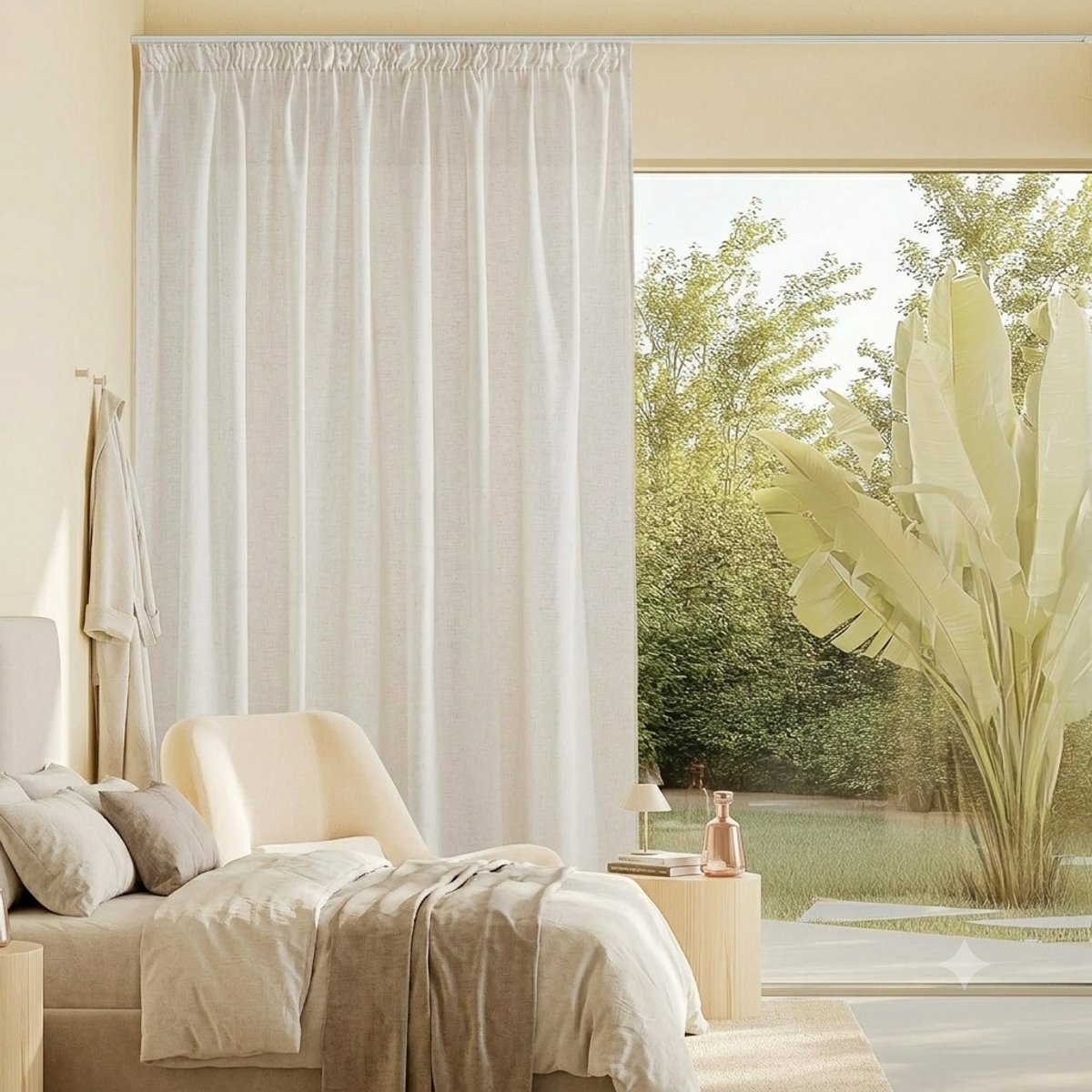 Maison Elara Extra Breed Linnen Gordijn met Plooiband - Set van 1 - 300 cm Breed x 220 cm Hoog - Half-Transparant Beige Woonkamergordijn voor Railsysteem - Boho Stijl Lichtbeige