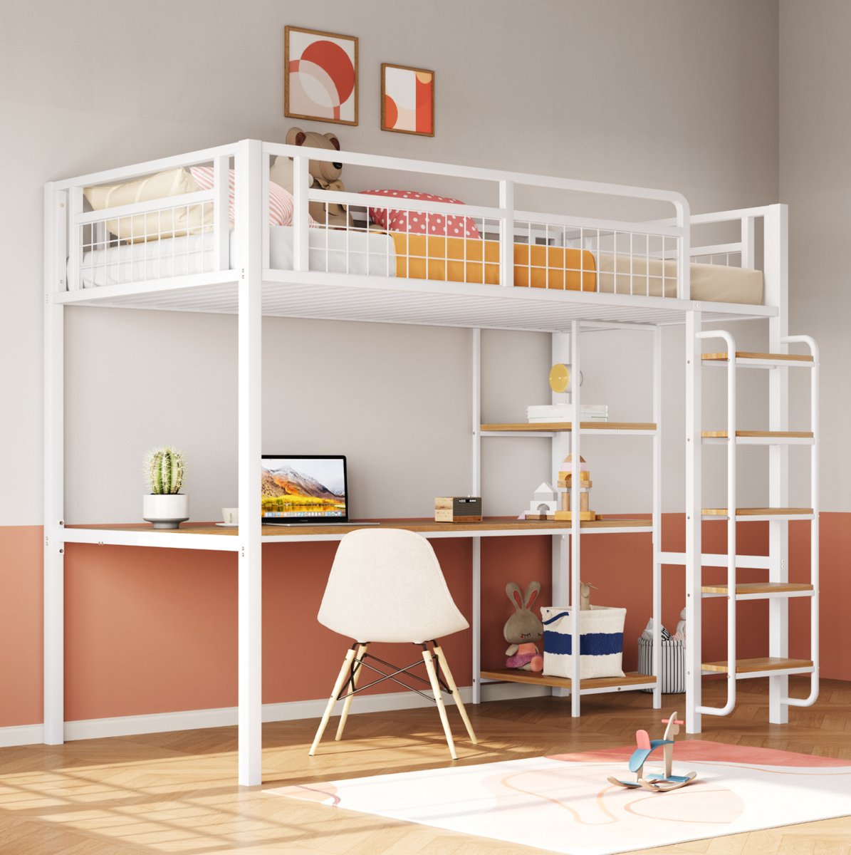 MEUNIQ Hoogslaper 90x200 cm met bureau, opbergrekken, ladder en uitvalbeveiliging voor kinderkamer, metaal, wit