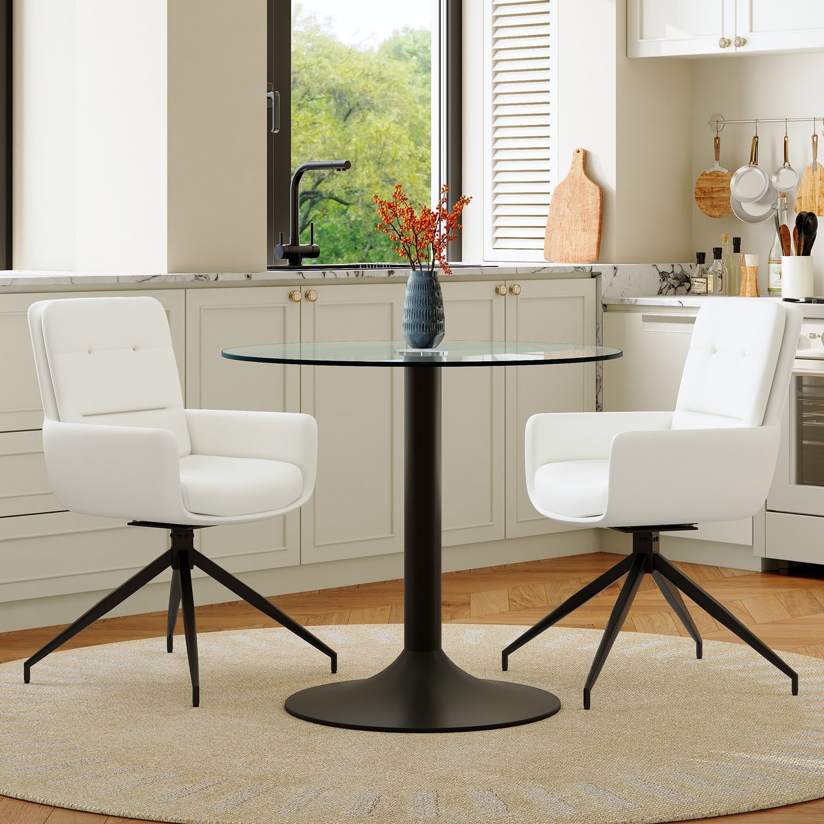 OKWISH Eettafelset 85 Cm - Ronde Glazen Tafel Met 2 Draaibare Eetkamerstoelen - Voor Eethoek Of Woonruimte - Zwart Wit Zwart, Transparant, Wit