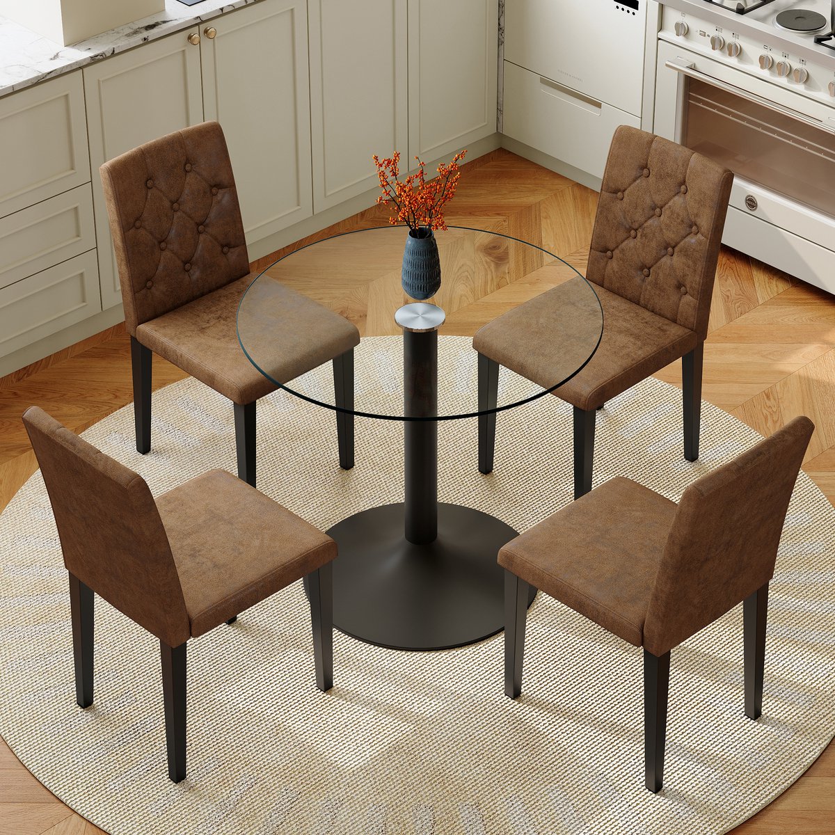 Set Tafel En Stoelen Rond Glas 85 Cm - 1 Tafel 4 Stoelen Met Zwart Metalen Onderstel - Voor Eetkamer En Café - Kunststof Metaal Glas - Bruin Zwart Transparant
