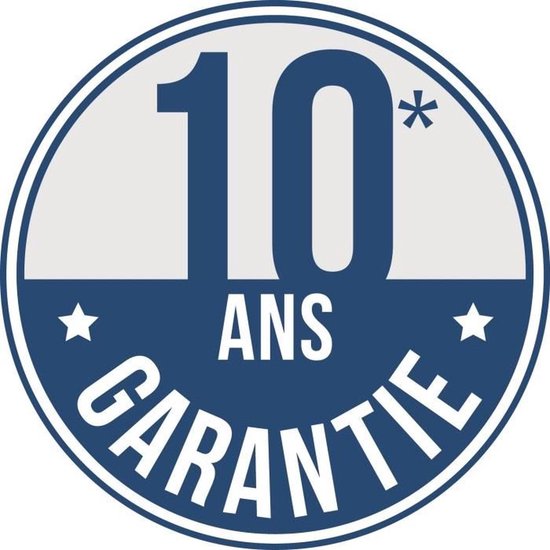 Cirkelvormig logo met "10 ANS GARANTIE" in witte letters op een blauwe achtergrond.