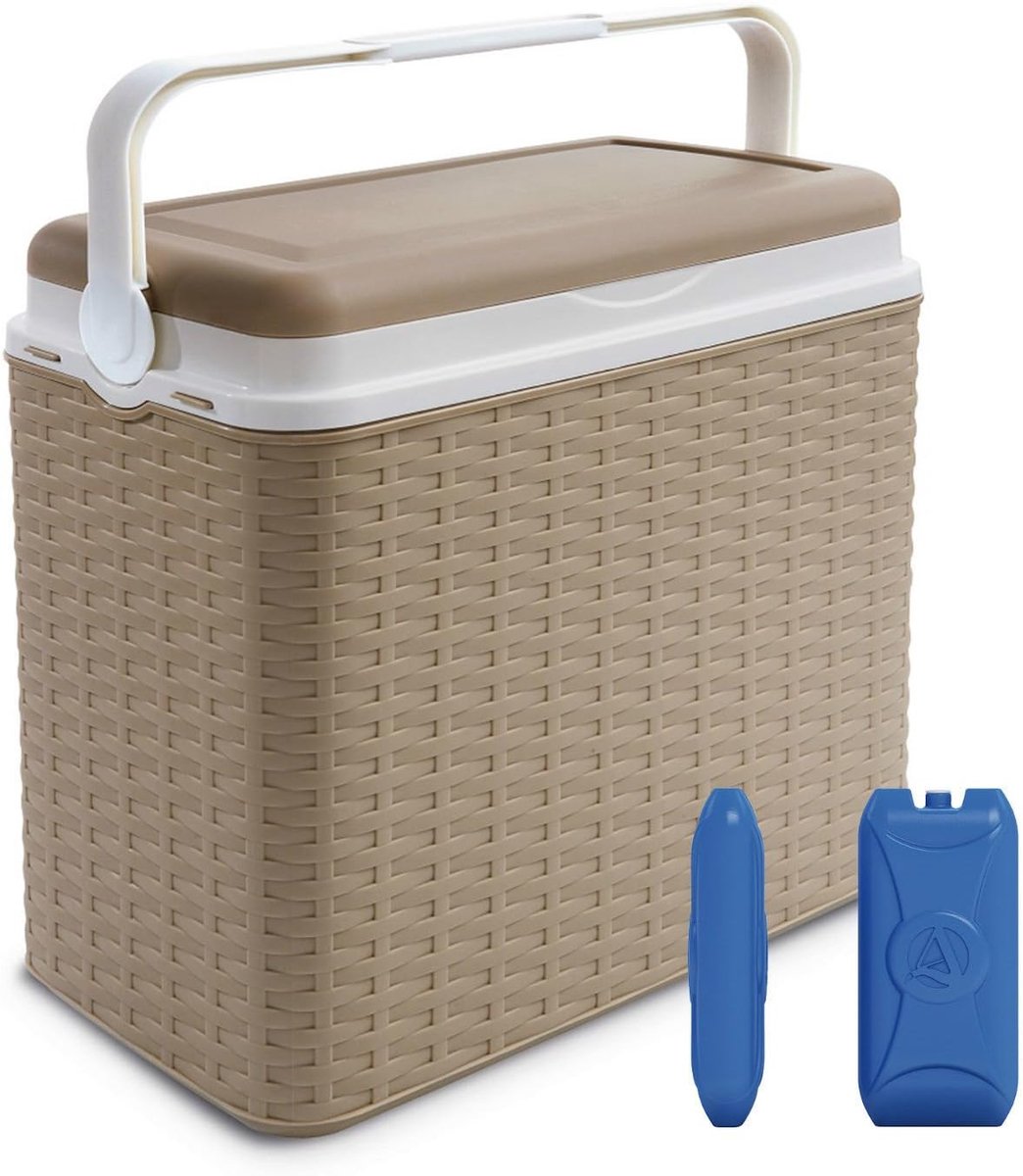 Koelbox Rotan - Isolatie Box - Buitenactiviteiten - Draaggreep Vergrendelt Deksel - 24 Liter - Beige