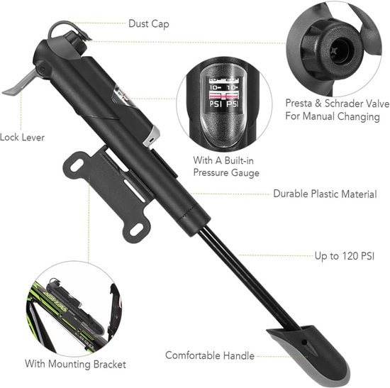 Mini Fietspomp - Hogedrukpomp - Fietsband Reparatie - Met Manometer - 120 PSI - Zwart/Blauw — afbeelding 4