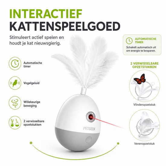 Interactief wit kattenspeeltje met laser, veren en vlinder. Toont automatische timer en vogelgeluid. Opzetstukken zichtbaar.