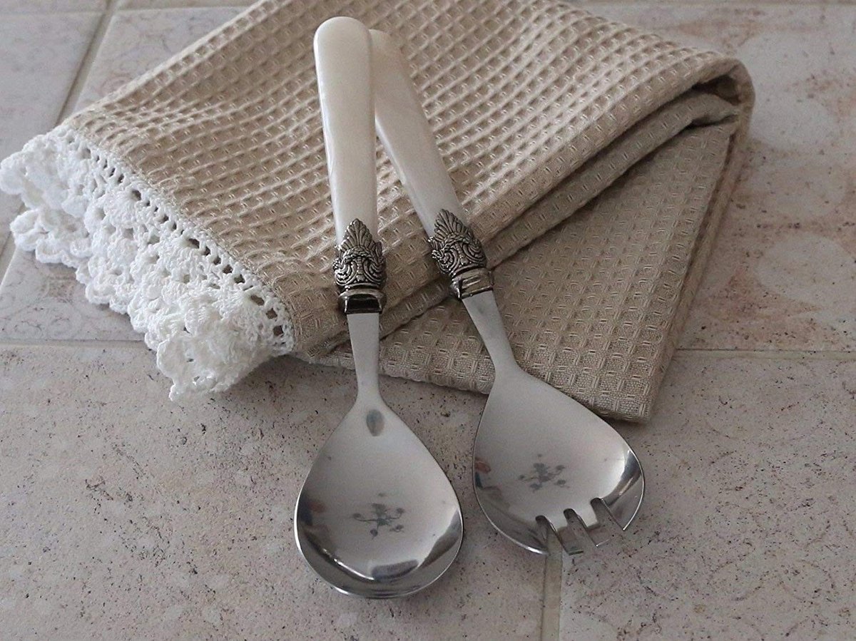 Dailygoods- Saladebestek 2-delig - Parelmoer look - Vintage - Shabby - Nostalgie - Hoogwaardig kunststof handgrepen - Servies