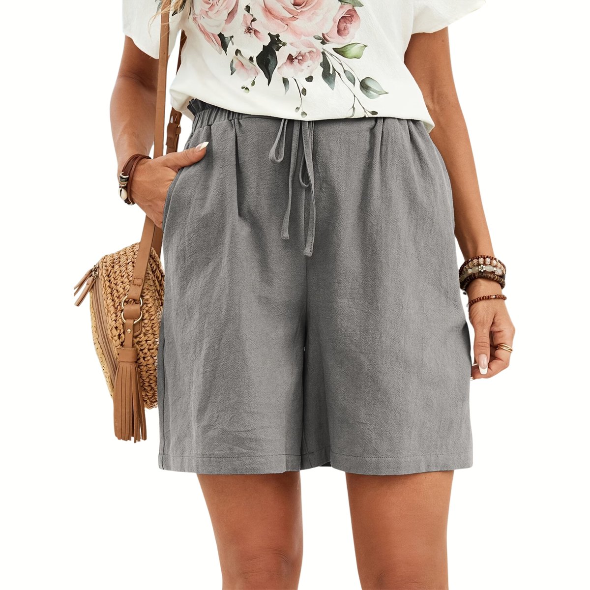 Currero Korte Linnen Broek Dames Zomerbroek Volwassenen Korte Broek Shorts Strandbroek Zomer Ibiza Stijl Lichtgrijs