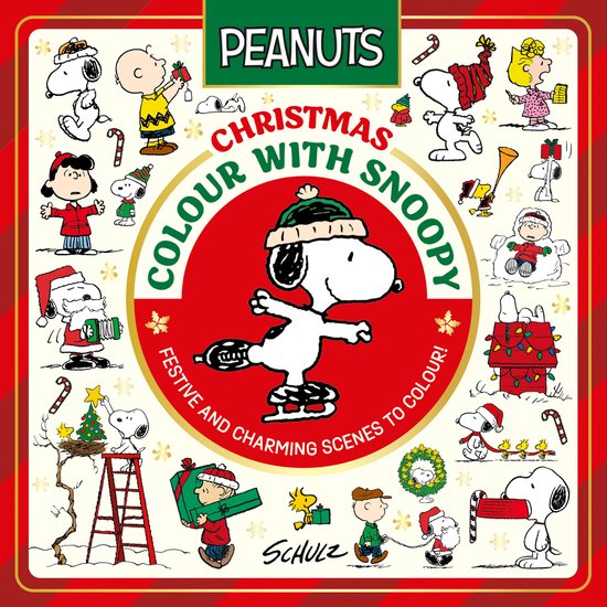 Peanuts: Christmas Colour with Snoopy. Afbeeldingen van Snoopy en vrienden in kerstsfeer. Centraal: Snoopy op schaatsen met kerstmuts.