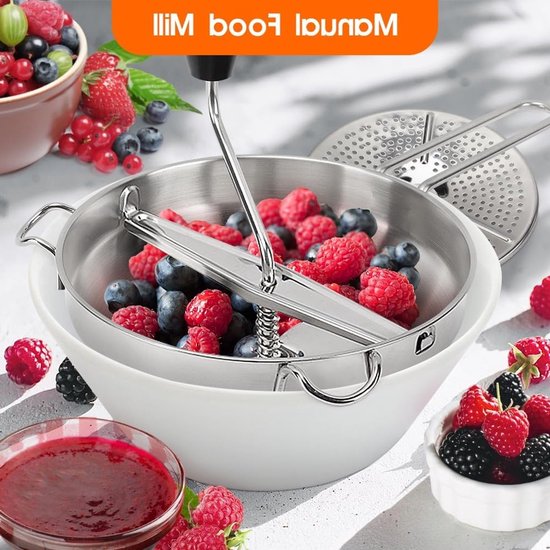 Handmatige Aardappelpers met 3 Schijven en Antislip Handvat voor Groenten, Tomatensaus en Appelmoes, RVS Draaiende Voedselmolen voor Puree en Soepen — afbeelding 2