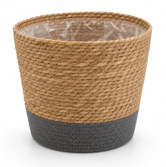 Bruine rieten plantenmand met grijs gevlochten onderkant en transparante plastic voering.