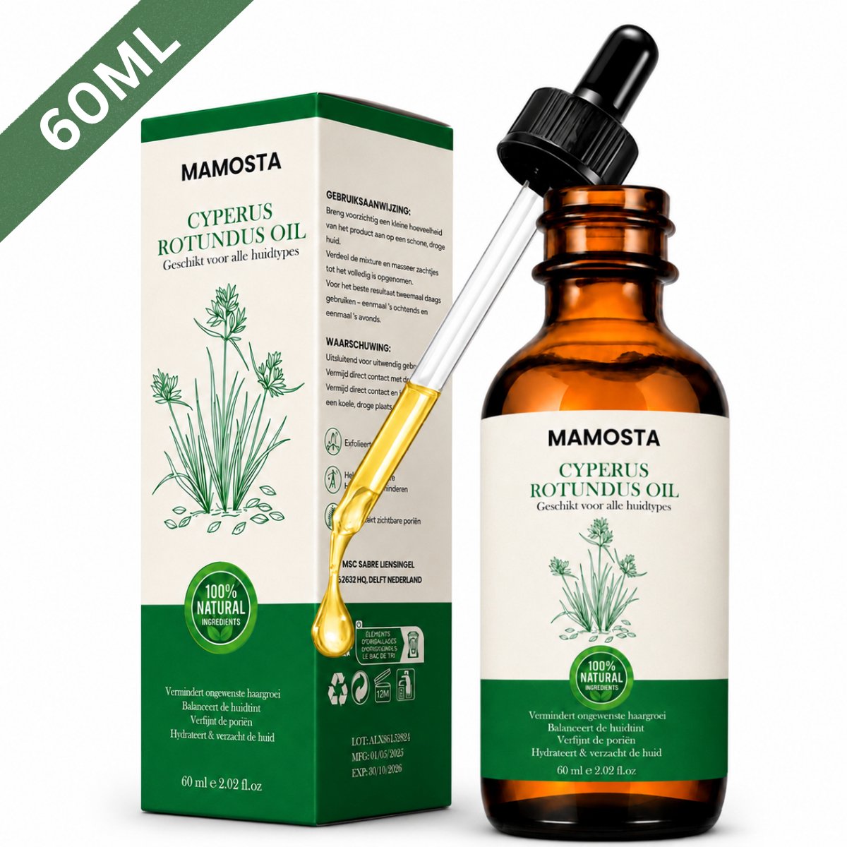 Mamosta® Cyperus Rotundus Olie 60 ml – Antihaargroei Oil – Ontharingscreme – Ontharing - Hair Removal Cream - Olie – Vermindert Haargroei – Kalmeert & Hydrateert Huid – Geschikt voor Alle Huidtypes