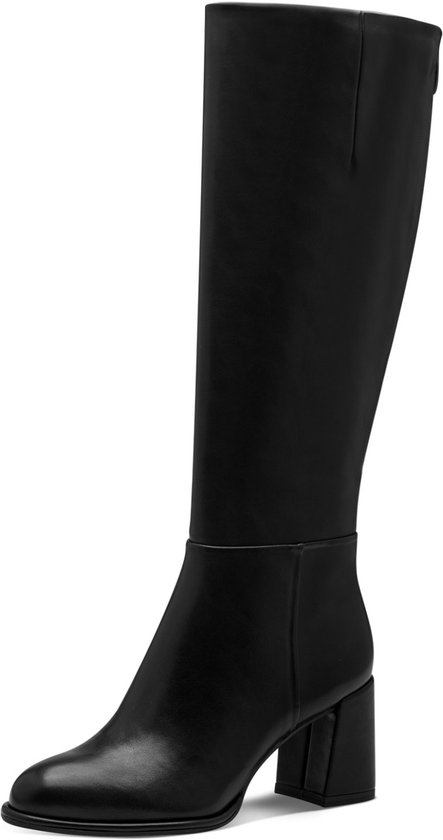 Botte noire en cuir jusqu'au genou avec talon bloc et fermeture éclair latérale.