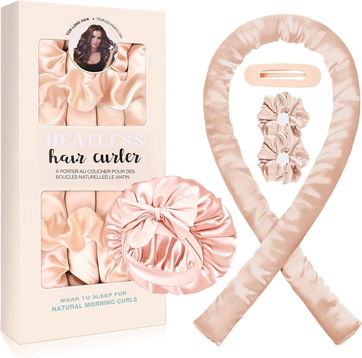 Heatless Haar Krullers en Zijden Bonnet Set, 5 Stuks, Voor Nachtelijk Gebruik, Ideaal voor Lang Haar en Volume, DIY Krullen zonder Hitte