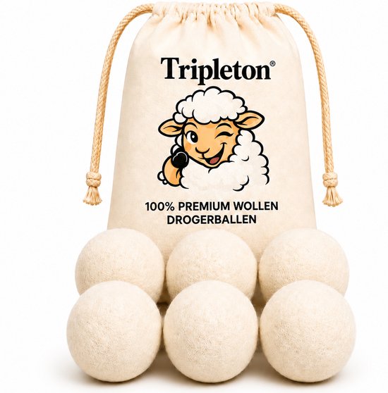 Ensemble de six boules de séchage en laine blanc cassé, présentées avec un sac en tissu beige orné du logo d'une tête de mouton et du texte 'Tripleton® 100% PREMIUM WOLLEN DROGERBALLEN'.