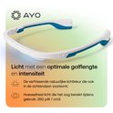 Een witte en blauwe lichtbril, die licht afgeeft. Beschreven als 'Licht met een optimale golflengte en intensiteit'.