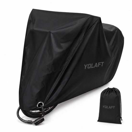 Zwarte fietsbedekking met YQLAFT-logo, inclusief een opbergzak.