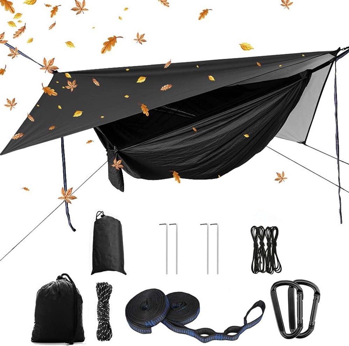 Camping hangmatset - Reishangmat met net - Outdoor ontspanning - Inclusief muggennet en regenfly - 290x140 cm - Zwart