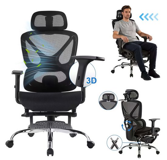 Ergonomische zwarte bureaustoel met 3D-armleuningen, verstelbare hoofdsteun en een ademend mesh rugleuning.