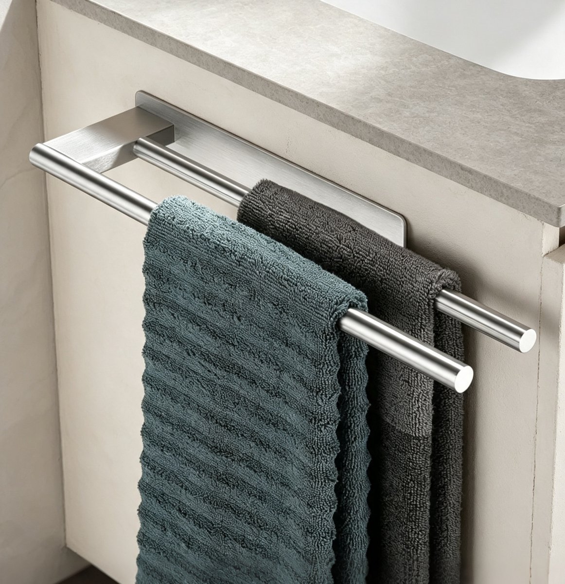 Handdoekhouder - Type met dubbele stang - Handdoekstang - Zelfklevende Handdoekhouder 39 cm – Dubbele Handdoekstang van RVS – Zonder Boren – Handdoekenrek voor Badkamer & Keuken - 39 x 10 x 4 cm - Handdoekenrek Keuken