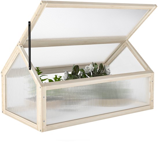 Houten kweekkas met geopende deksel en planten erin.
