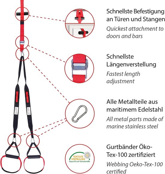 Professionele Slingtrainer - Fitnessband Set - Thuis Krachttraining - Made in Germany - 190-330cm - Rood — afbeelding 4