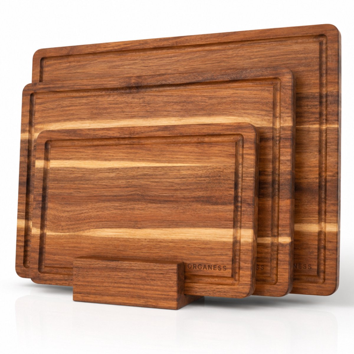 Organess 4-Delige Snijplankenset (38x25.3 / 30.5x20 / 23x15.2 cm en blok) - Voor Keuken, Snijplanken, Serveerplank, Kaasplank, Borrelplank en Tapasplank - Snijplank Acacia Hout