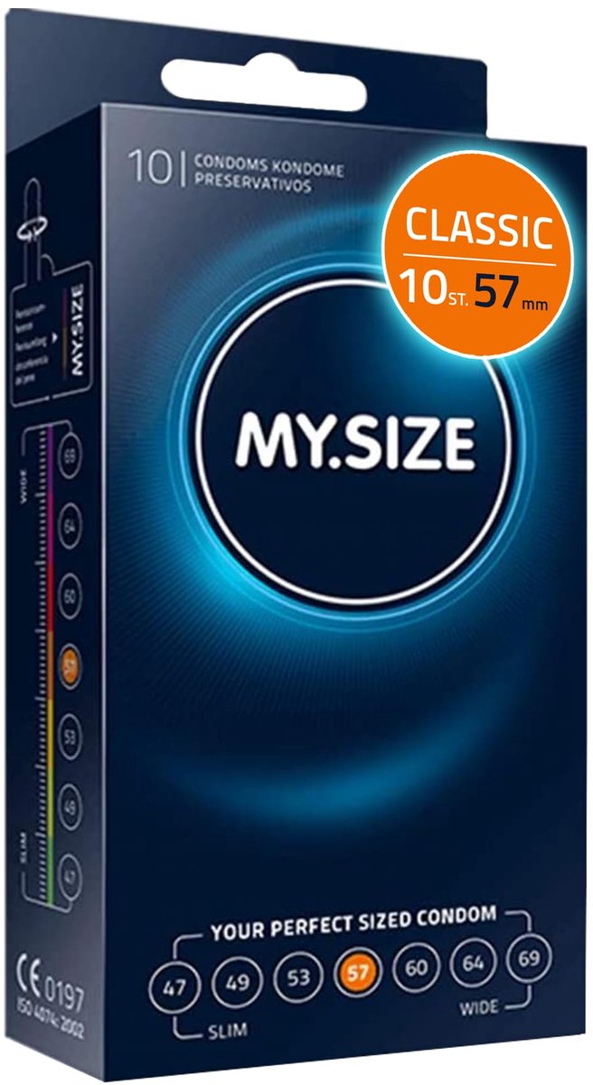 MY.SIZE Classic condooms maat 4 I 57 mm breed I 10 stuks standaard verpakking I premium condooms extra dun I condooms true to touch gossamer I dunne 0,07 mm wanddikte I condooms veganistisch