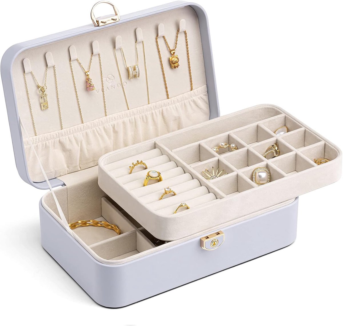 Sieradenkistje - met 2 etages - afsluitbaar - voor thuisgebruik - Cadeau voor dames - een afsluitbare sieradenopbergdoos met fluwelen voering voor oorbellen - halskettingen - ringen - paars