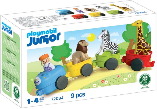 Playmobil Junior dierentrein 72084 verpakking, met een trein van een blauwe berenwagon met figuur, en wagons met een leeuw, zebra en giraffe.