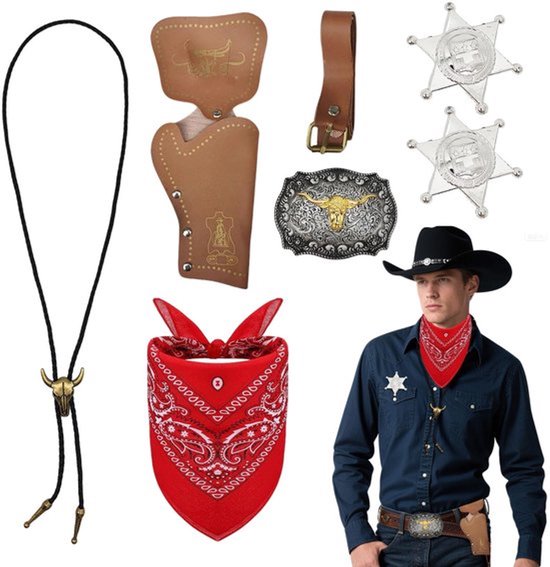 Cowboy Accessoireset 7 Stuks - Cowboy Outfit Kit - Bandana/Holster/Riem - Stropdas/Halsketting/Sheriff Badge - Verkleedkleren Volwassenen - Voor Carnaval/Cosplay - Cowboy Kostuum