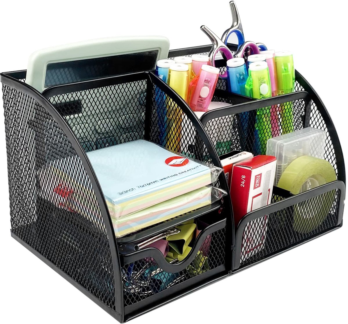 Metalen Bureau Organizer met Lade - Zwart Mesh Opbergsysteem met 7 Vakken - Pennenhouder voor Pennen, Nietmachines, Paperclips & Notitieblaadjes - Kantoor Accessoires