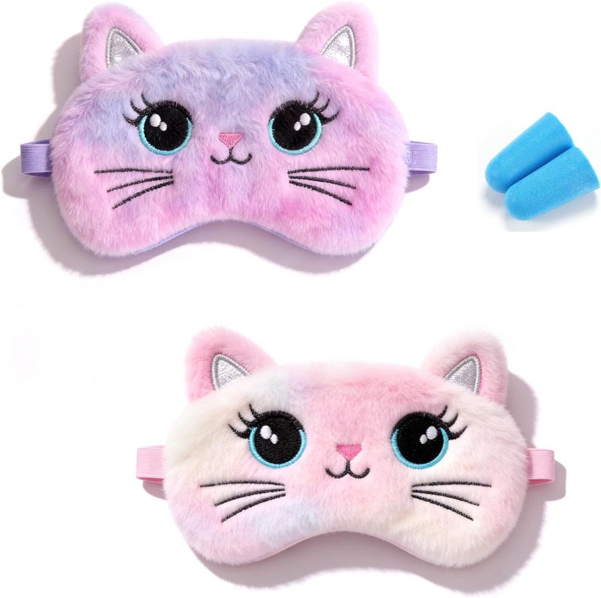 Kinder Slaapmasker - Pluche Blinddoek - Ontspannen Slapen - Set met Oordopjes - 2 Stuks - Kat Design