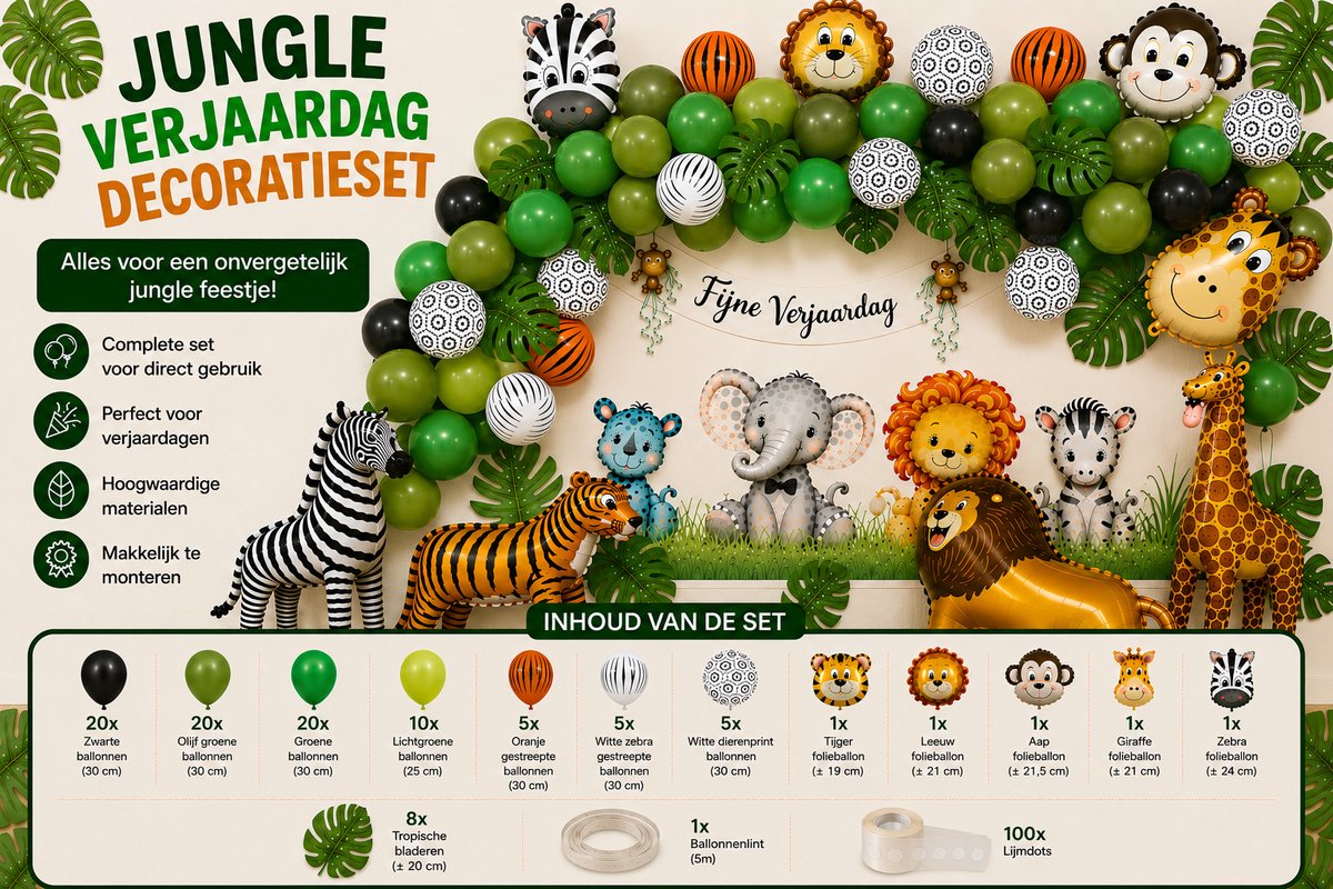 TRESTO - Jungle Ballonnen Set 100 Delig - Eerste Verjaardag - Jungle Versiering - Groen - Safari Thema - Verjaardag Versiering - Jongen & Meisje - Baby & Kind - Kinderfeest