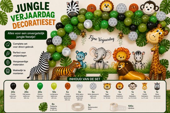 Jungle verjaardag decoratieset met ballonnen in groen, zwart, oranje en witte cirkels. Met dierenfolieballonnen: tijger, leeuw, aap, giraffe, zebra, olifant.