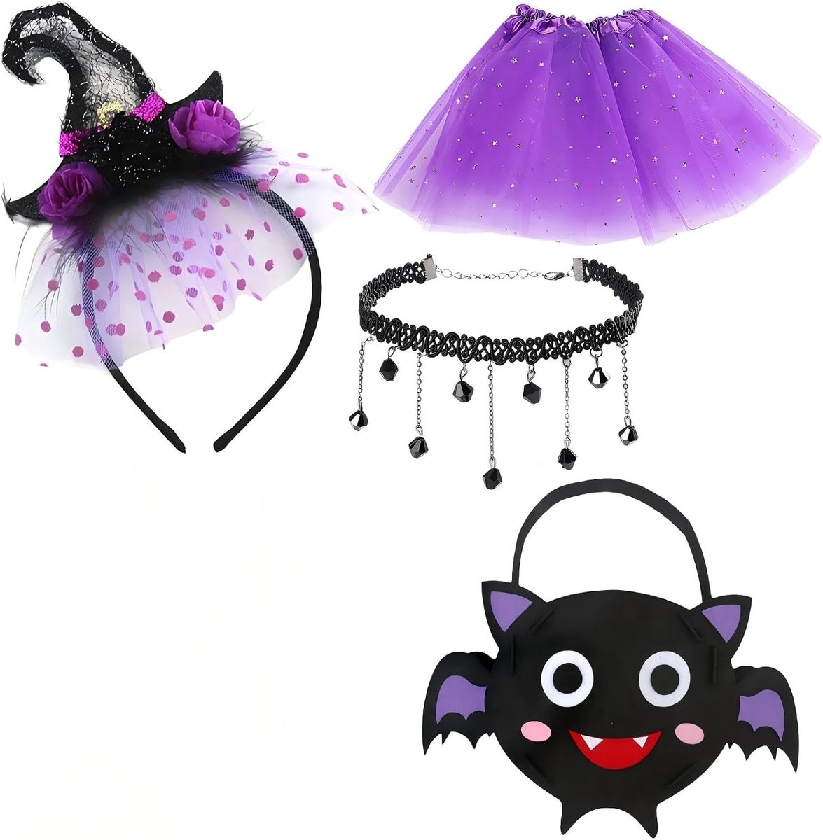 Halloween Kostuumset voor Meisjes - Inclusief Hoed, Halsketting, Tas en Paillettenrok - Perfect voor Feestjes en Themapartijen - Paars en Speels