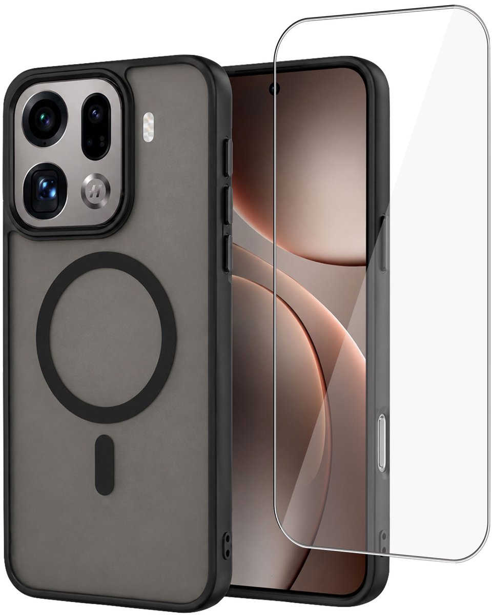 Hoesje + Screenprotector geschikt voor OPPO Find X9 Pro Hoesje - Shock Proof Case geschikt voor Magsafe - Magnetisch - Gehard Glas- Zwart
