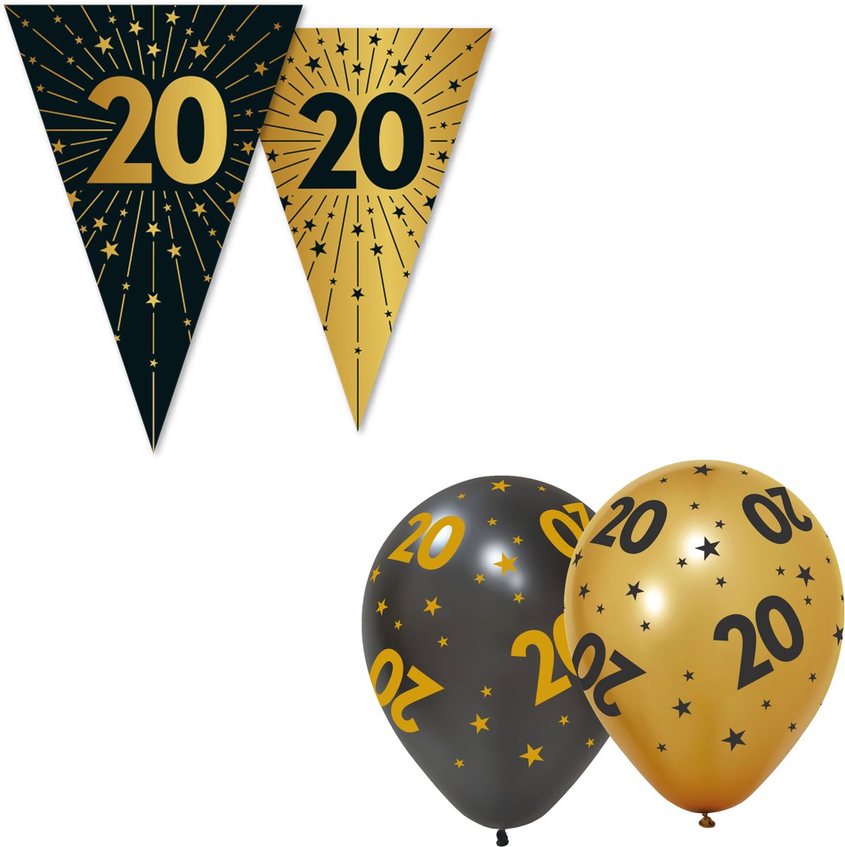 Black & Golden Celebrations Feestpakket XL - 20 Jaar - Versiering Set met 3x Vlaggenlijn en 6x Ballonnen - Zwart & Goud